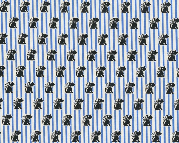 Patchworkstoff GRACE, kleine Hunde auf Streifen, taubenblau-schwarz