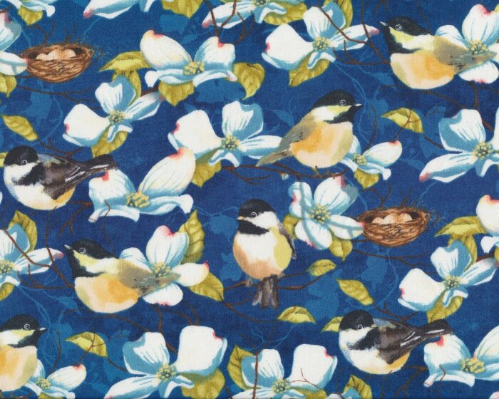 Patchworkstoff FEATHER YOUR NEST, Meisen zwischen Kirschblüten, gedecktes blau-braun