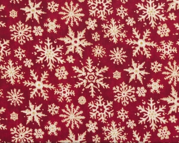 Patchworkstoff CHRISTMAS IN THE WOODS mit Schneesternen, weinrot-hellbeige