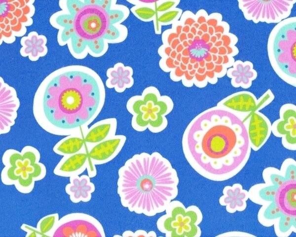 Baumwollflanell "Greenhouse Backyard" mit großen Kreisblumen, blau-lachsrot