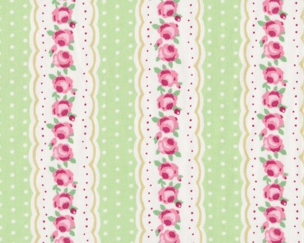 Englischer Dekostoff Clarke & Clarke "Rosetta Chloe", Rosen-Bordüren-Streifen, helles hellgrün-rosa