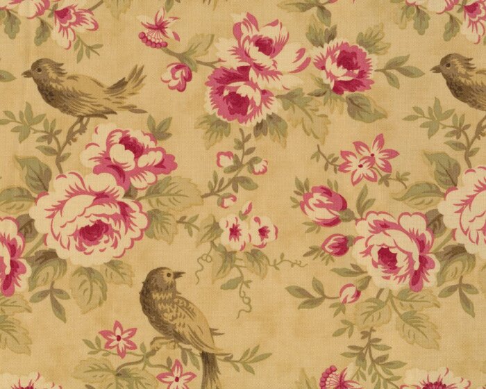 Patchworkstoff MILLE COULEURS, Vögel auf Rosenzweigen, sandfarben, Moda Fabrics