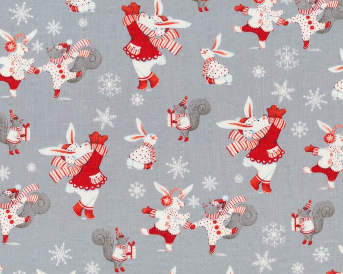 Patchworkstoff JOY, LOVE, PEACE, winterverzauberte Hasen und Eichhörnchen, grau-rot