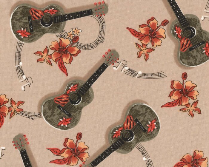 Italienischer Designer-Baumwoll-Piquéjersey BLUEGIRL PIKEE, Gitarren mit Hibiskus, rotbraun-moosgrün