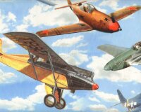 Baumwollstoff, Digitaldruck PLANES CLOUDE, Oldtimer Flugzeuge, hellblau-gelb