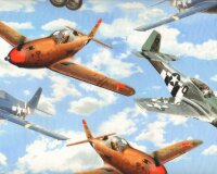 Baumwollstoff, Digitaldruck PLANES CLOUDE, Oldtimer Flugzeuge, hellblau-gelb