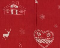 Leinenstoff "Chalet de Alpes" mit Häuschen, Herzen und Hirschen, rot-natur