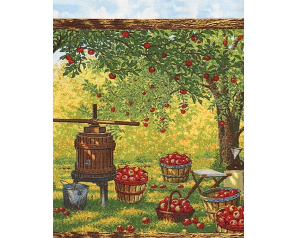 60-cm-Rapport Patchworkstoff Apple a Day mit Obstgärten im Rahmen, grün-rot-braun