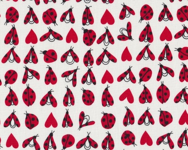 Patchworkstoff "Love Bug" mit Marienkäfern und Herzen, rot-weiß-schwarz