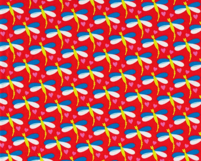 Glatter kühler Baumwolljersey FROBELLA, Libellen, rot-dunkles türkis