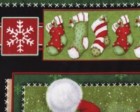 60-cm-Rapport Patchworkstoff KRINGLE KROSSING, knuffiger Weihnachtsmann, dunkelrot-hellgrün