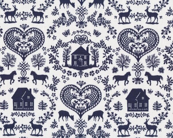 Patchworkstoff SIMPLE PLEASURES mit Häusern und Herzen, dunkelblau, Northcott