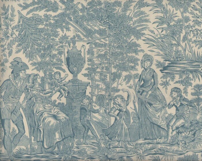 Patchworkstoff LE MARAIS, Toile-de-Jouy-Motiv, hellbeige-stumpfes türkis, Moda Fabrics