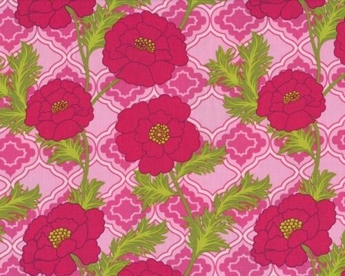 Patchworkstoff "Mezzanines" mit großen Blüten und Ornament-Rauten, pink-hellgrün