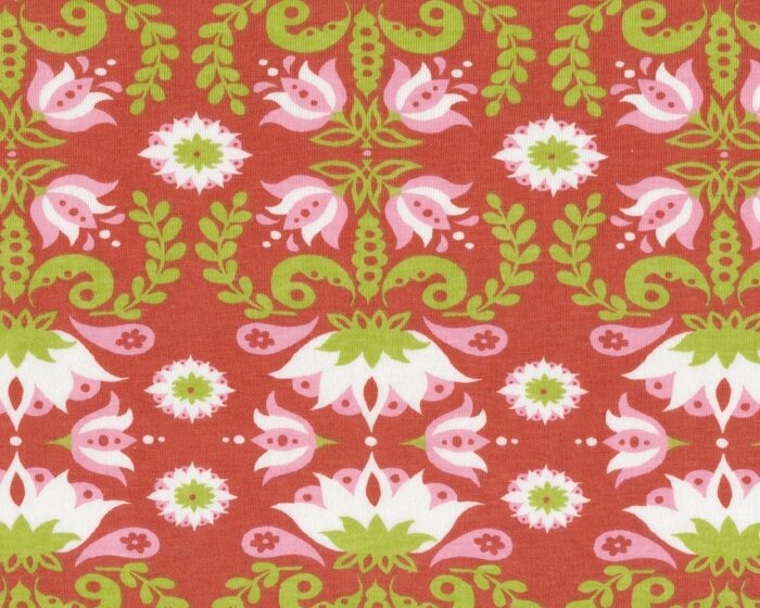 Bio Baumwolljersey GROOVY LOTUS KNIT, Ornamentblumen, terracotta-hellgrün