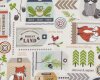Patchworkstoff TIMBERLAND CRITTERS, Waldtiere auf Etiketten, rotbraun-helles moosgrün