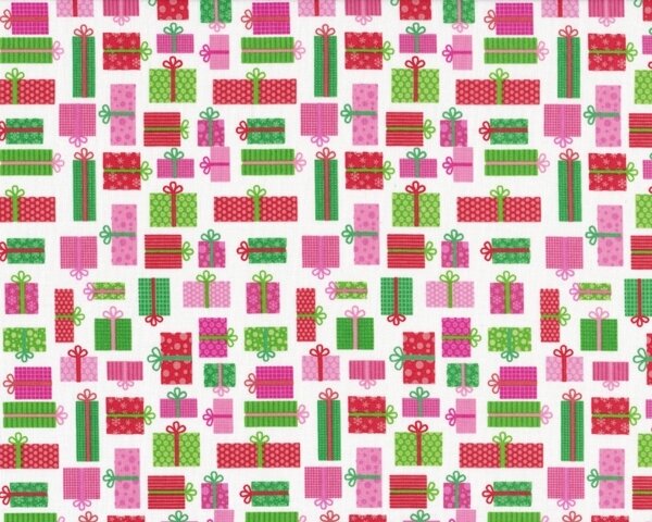 Patchworkstoff "Christmas Candy" mit vielen kleinen Geschenken, weiß-grün-rot