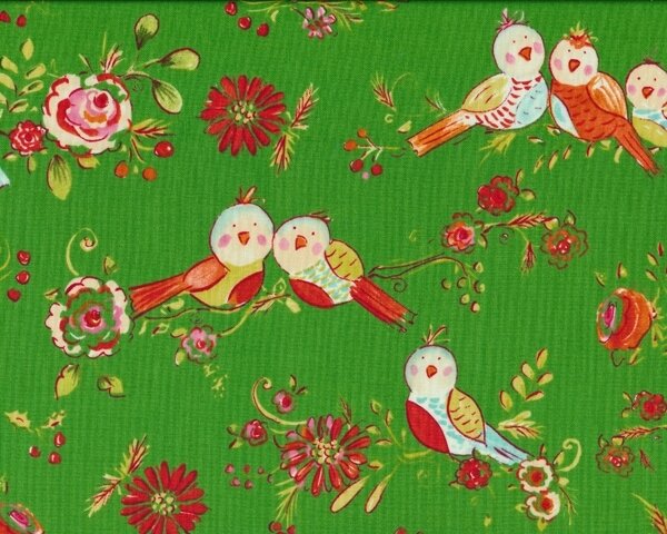 Patchworkstoff "Love & Joy" mit kleiner Vogelfamilie, grasgrün-rot