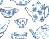Englischer Dekostoff Clarke & Clarke TEATIME, Teekannen und Tassen, wollweiß-taubenblau