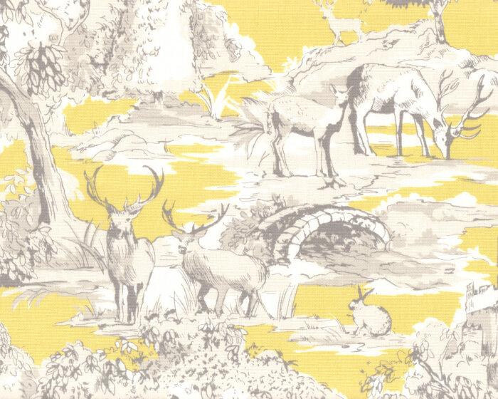 Englischer Dekostoff Clarke & Clarke MANOR TOILE, Hirsche und Burgen, helles limette-natur hell