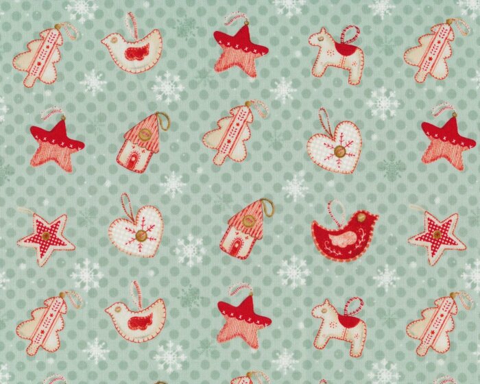 Patchworkstoff JOY, LOVE, PEACE, Weihnachtsanhänger, mintgrün-rot