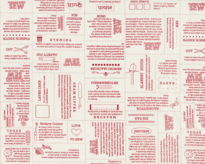 Patchworkstoff VOLUME II, Näh-Text, gebrochenes weiß-gedecktes rot, Moda Fabrics