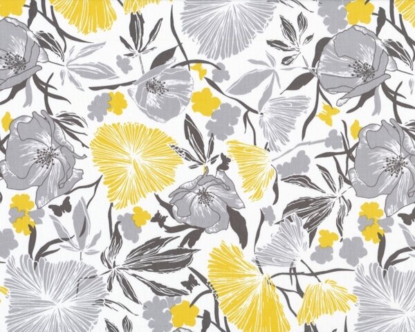 Patchworkstoff "Bryant Park" mit Mohnblumen und Astern, hellgrau-gelb