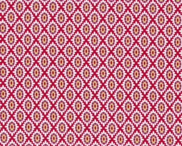 Patchworkstoff "Love & Joy" mit Blüten-Rauten-Muster, rot-weiß