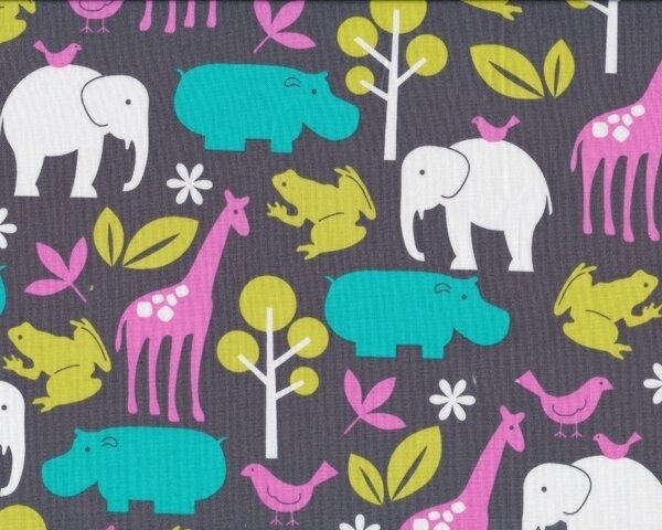 Patchworkstoff ZOOLOGY, Zootiere und Frösche, pink-steingrau