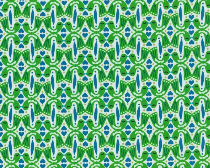 Feiner Baumwollstoff KISSING BIRDS, herzige Vögel, grasgrün