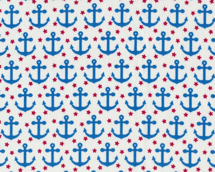 Patchworkstoff FABOULOS FOXES, Anker und Sterne, weiß-blau-rot