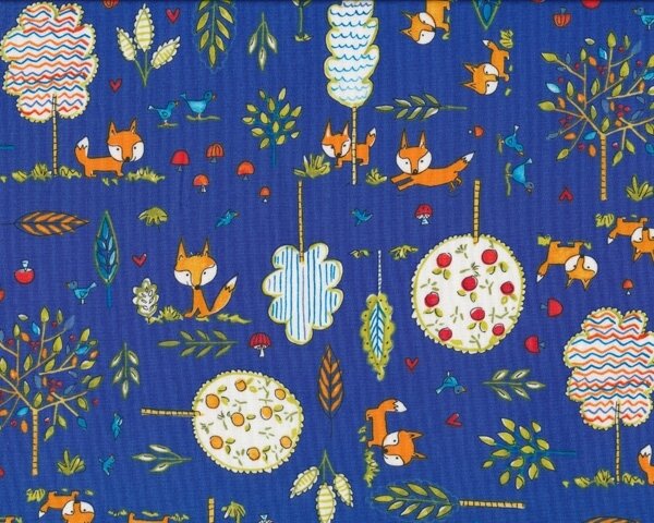 Patchworkstoff FOX PLAYGROUND, Füchse im Wald, blau-orange