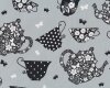 Patchworkstoff "Masquerade Party" mit blumigen Teetassen und Kannen, hellgrau-weiß-schwarz