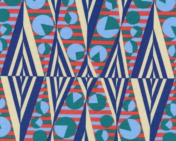 Patchworkstoff HAPI GLOW, Zacken-Kreise-Muster, blau-grün-terracotta