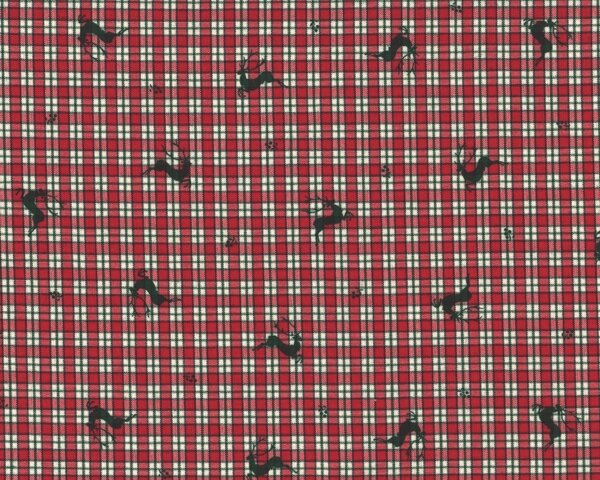 Öko-Tex Trachten-Baumwollgewebe SISSY, kleine Hirschen, kleinkariert, rot-tannengrün-wollweiß