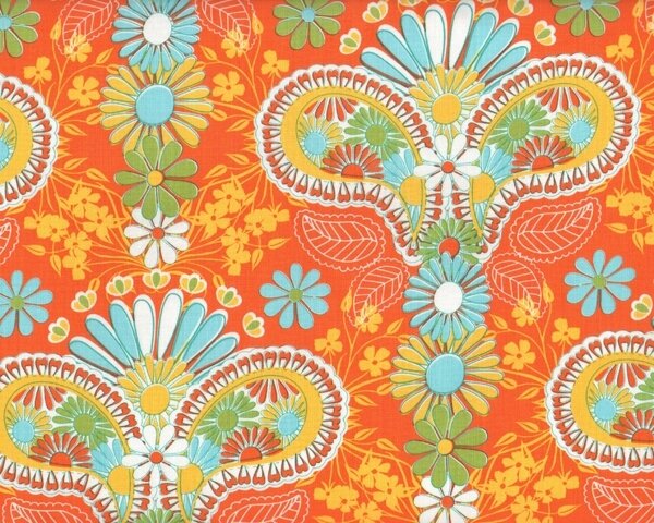 Patchworkstoff LOVELORN, Paisley-Blüten, orange-maisgelb