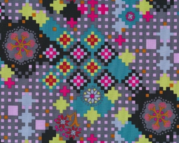 Patchworkstoff DOWRY, Karo-Blüten-Muster, fuchsia-schwarz