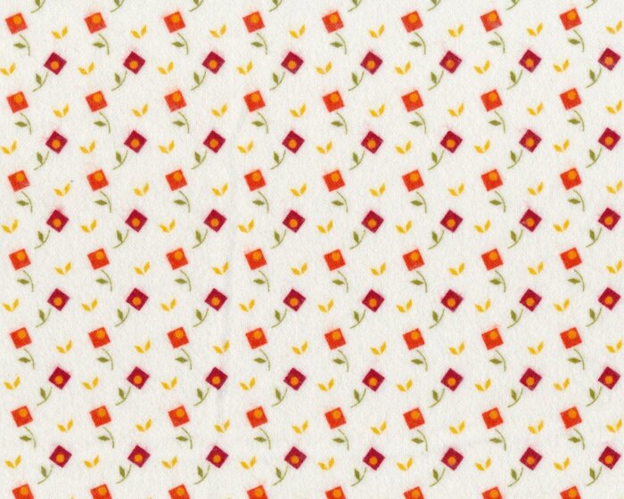 Baumwollflanell FANCY FLANELL, Quadrat-Blumen, gebrochenes weiß-orange