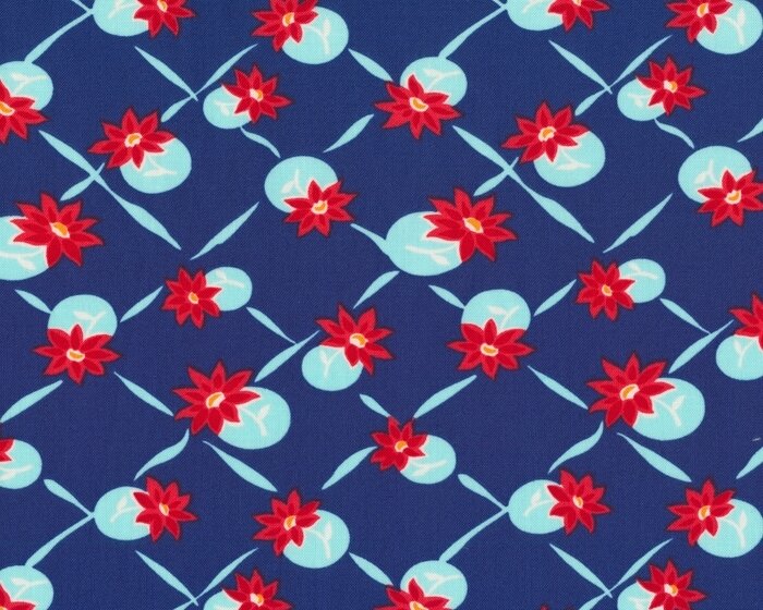 Patchworkstoff MISS KATE, Blüten-Gitter, blau-rot, Moda Fabrics