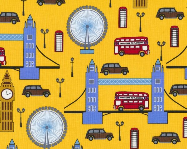 Patchworkstoff "Next Stop London" mit Big Ben und Tower Bridge, maisgelb-taubenblau