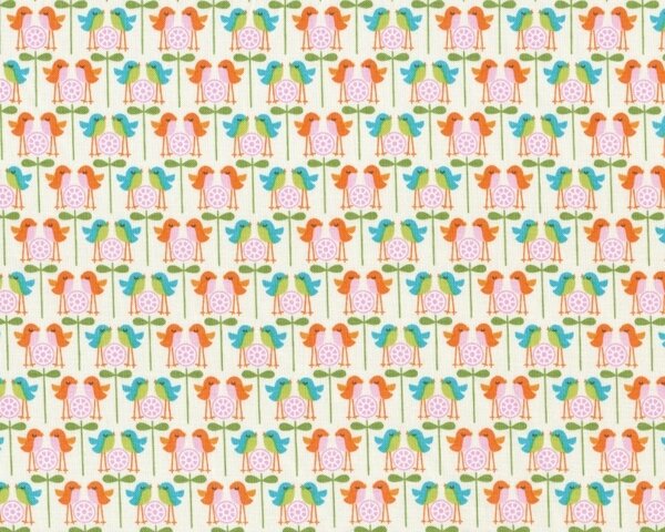 Patchworkstoff "Happier" mit gespiegelten Vögelchen und Blume, wollweiß-orange-türkis