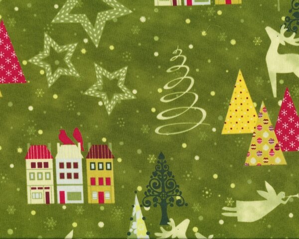 Patchworkstoff "A Christmas Story" mit Tannenbäumen und Häusern, moosgrün-fuchsia