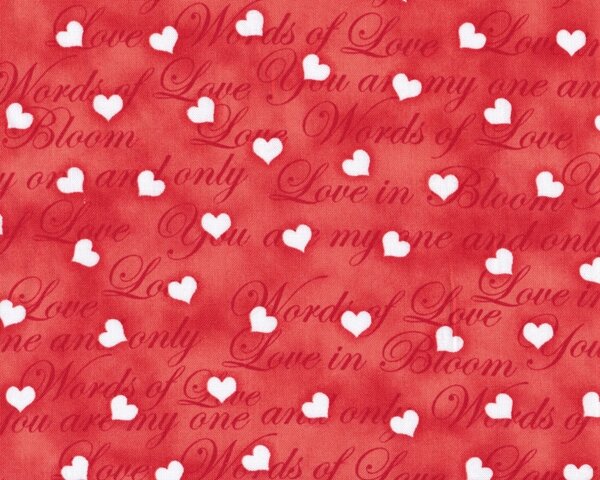 Patchworkstoff "Love in Bloom" mit Schriftzug und Herzen, rot