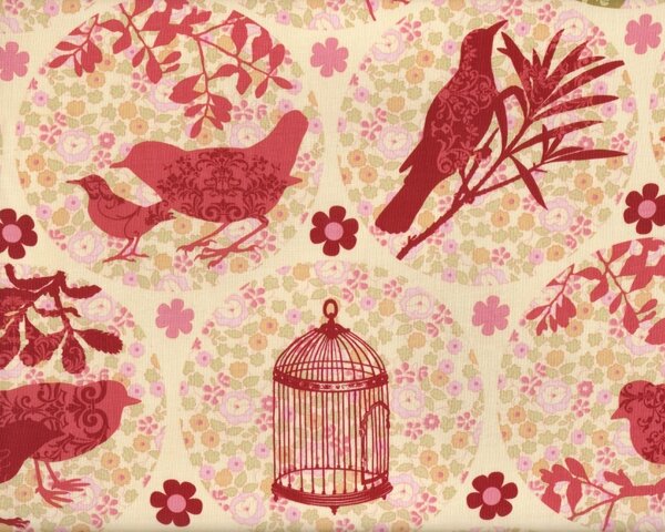 Patchworkstoff "Perch" mit romantischen, floralen Vogelkreisen, dunkelrot-pastellrot