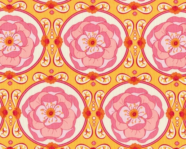 Patchworkstoff "Meadowsweet" mit Blüten-Rosetten, rosa-helles orange