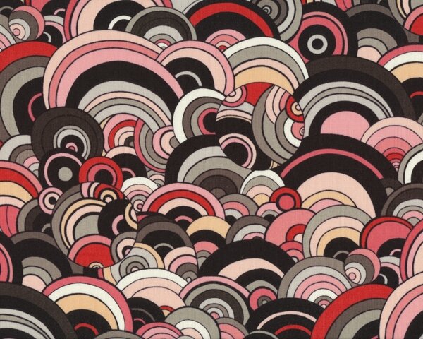 Patchworkstoff "Rivoli Bubble" mit großen Wellen-Kreisen und Blubberblasen, rot-altrosa-schwarz