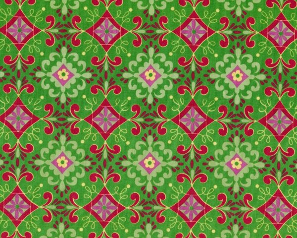 Patchworkstoff "Love & Joy" mit Kreis-Ornament-Muster mit Viereck-Blüten, grasgrün-rot