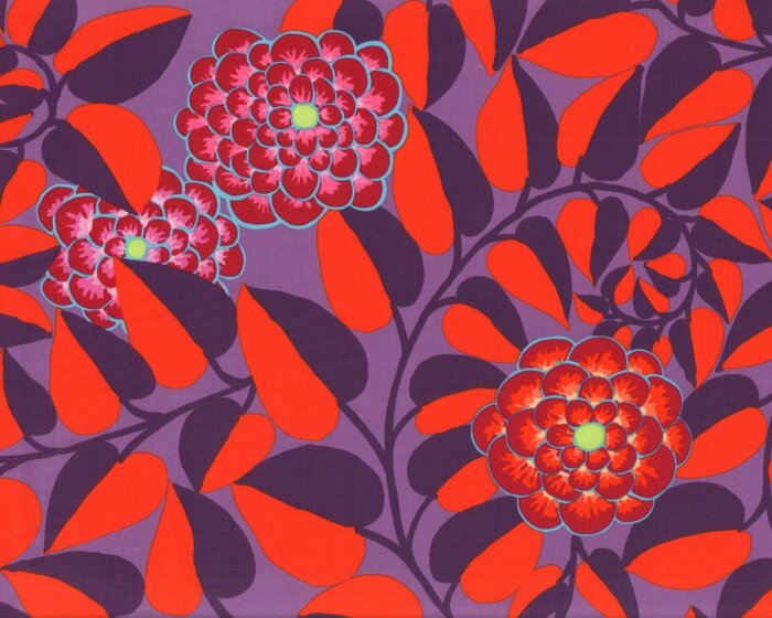 Patchworkstoff VINE, Blätterranken und Blüten, lila-orangerot