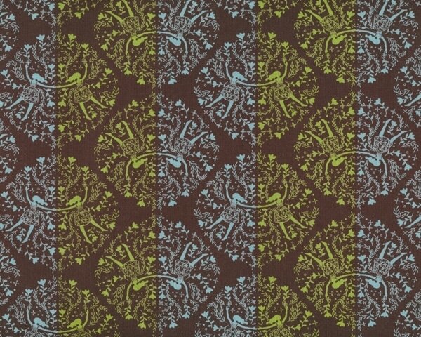 Japan-Patchworkstoff "Cotorienne - Girl", Blütenkreise mit tanzenden Mädchen, dunkelbraun