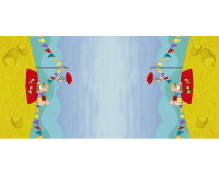 55-cm-Rapport Baumwolljersey mit Elasthan und Randbordüre PIG-NICK, Schweinchen beim Picknick, sonnengelb-helles taubenblau